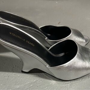 Veronica Beard Silver Sculpted Heel Mules